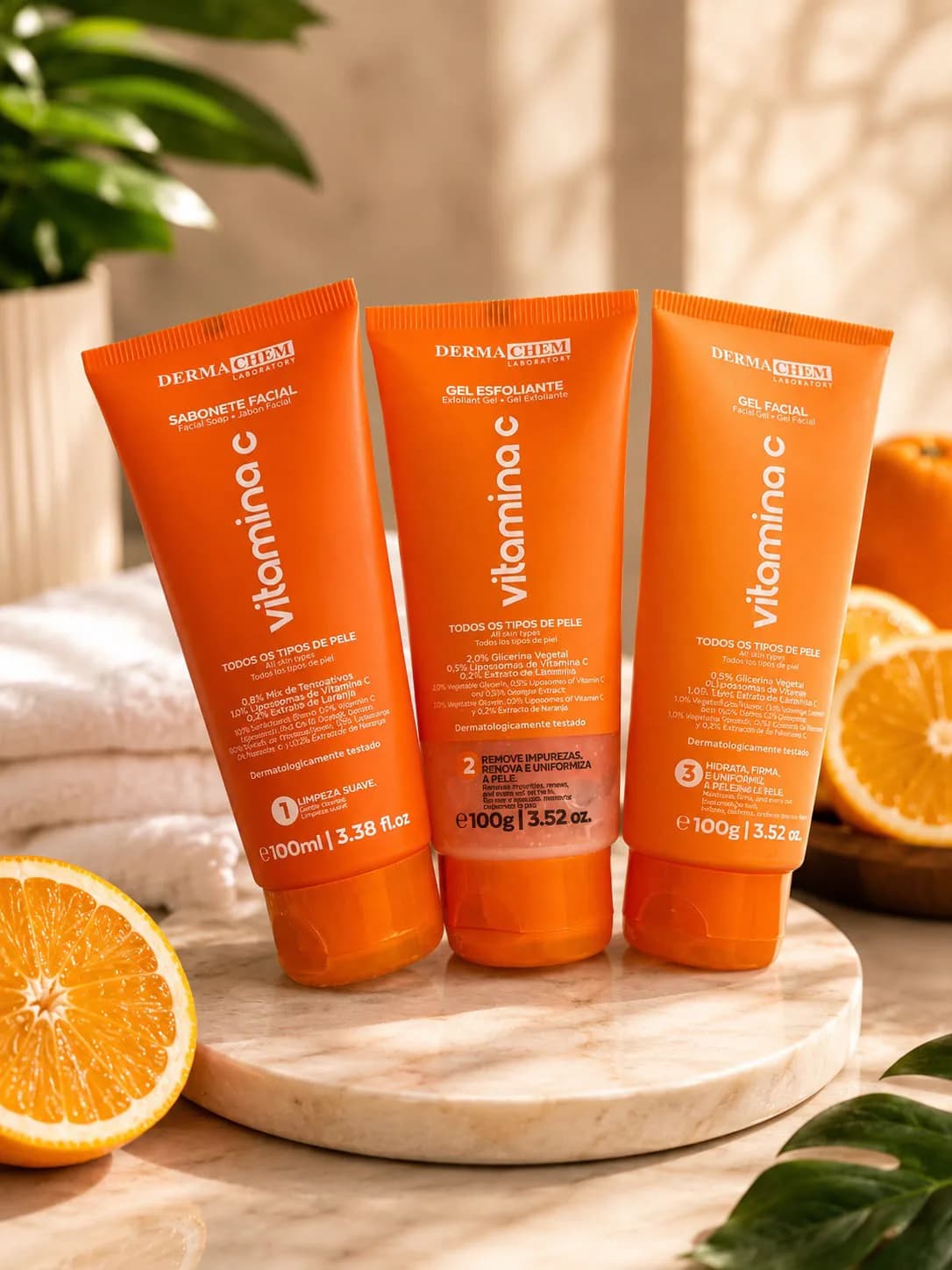 Kit Vitamina C Dermachem – Sabonete Facial + Gel Esfoliante + Gel Facial